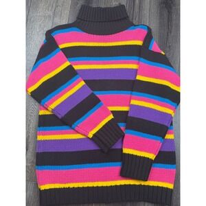90s Y2K Neon-Bright Striped‎ Chunky Turtleneck Sweater Womens M